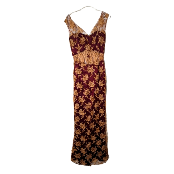 Stunning gold and merlot peek-a-boo dress by Canadian designer Ric Yuenn, size 6 - Picture 1 of 6
